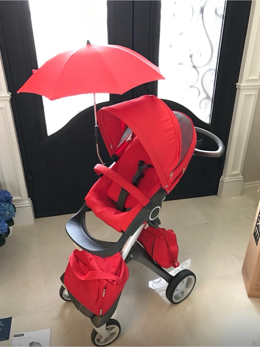 Stokke Red Baby Stroller Seat with Matching Canopy and Umbrella